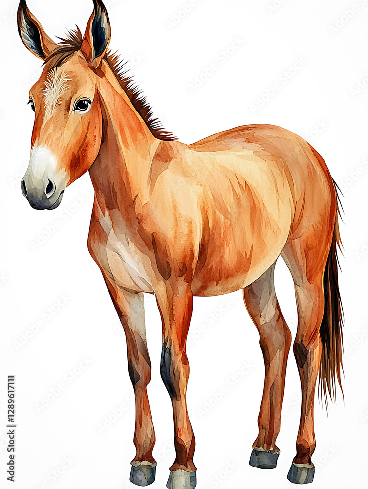 Obraz premium Watercolor painting of a light brown mule standing calmly with a white face and attentive ears.