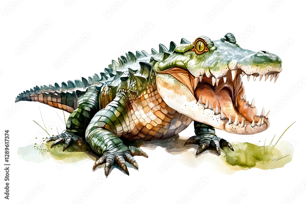Fototapeta premium Watercolor illustration of a formidable alligator with its mouth wide open showcasing its sharp teeth.