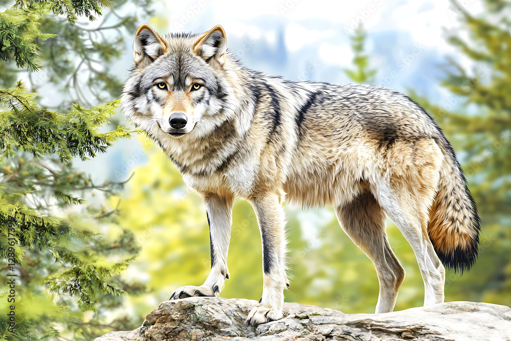 Wolf standing alert on a rocky outcrop framed by forest foliage and distant mountains. Wolf standing alert on a rocky outcrop framed by forest foliage and distant mountains.