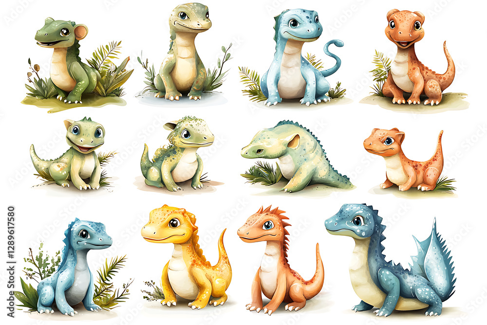 Fototapeta premium Watercolor illustrations of twelve adorable baby dinosaurs in various colors and poses surrounded by foliage.