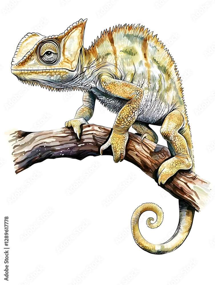 Obraz premium Watercolor style illustration of a chameleon with curled tail perched on a branch facing left.