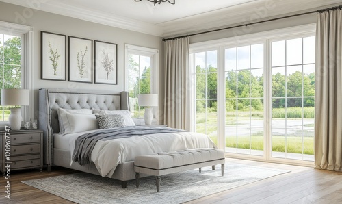 Elegant bedroom with a soft gray bed, light wooden flooring, and large windows offering a bright outdoor view.