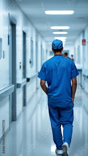 Surgeon Walking Through Hospital Hallway