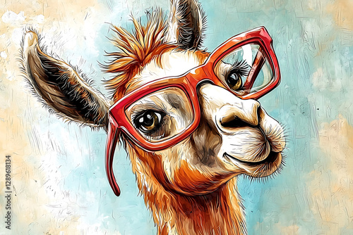 A whimsical illustration shows a llama wearing oversized red glasses set against a textured painterly light blue and tan background.