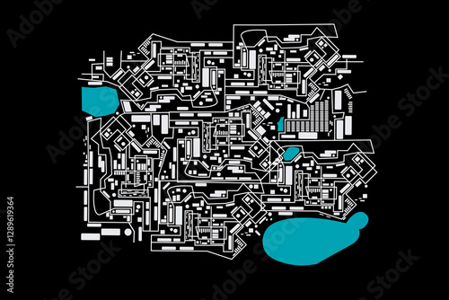 Abstract city map vector illustration with urban layout and water areas. Minimalist and modern city plan design for backgrounds, posters, and infographics.
