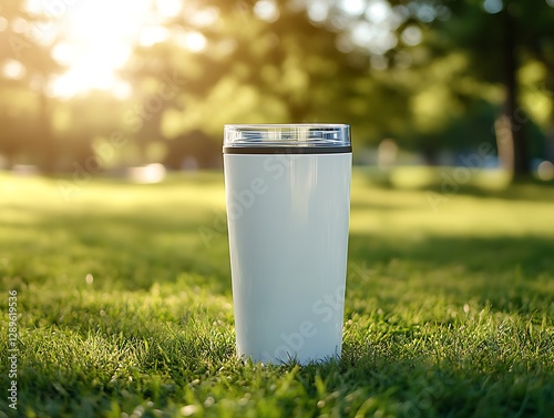 White tumbler on grass in park. Outdoor drinkware