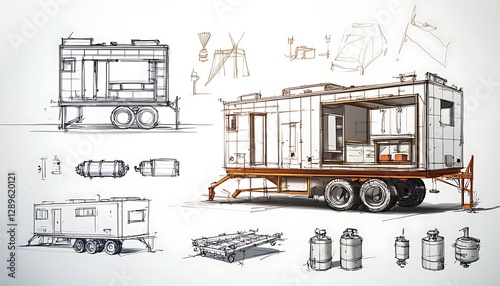 Modern doodle icons for modular houses and trailers Sketches with pull-out modules, gas cylinders, and building transportation, captured in high detail