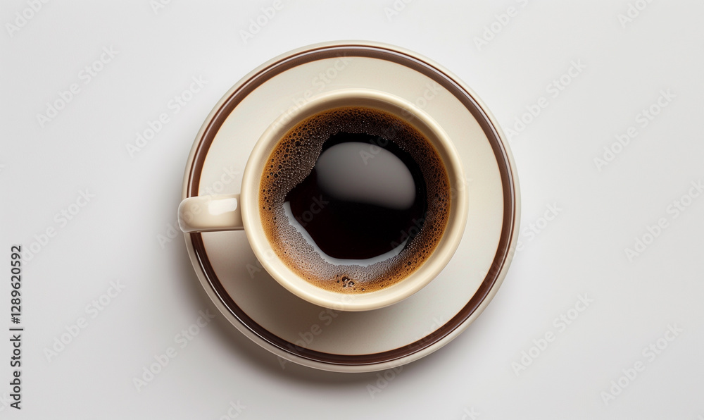 A cup of black coffee with brown stripes on the rim, placed in an elegant white ceramic mug and plate set A cup of black coffee with brown stripes on the rim, placed in an elegant white ceramic mug and plate set