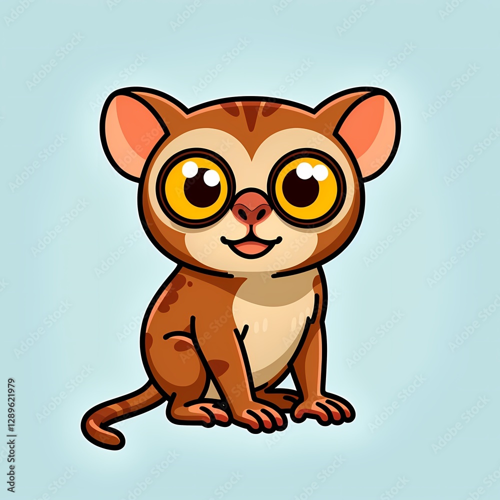 Fototapeta premium A simple cartoon bushbaby with wide eyes and a smiling face sitting on a flat pale-blue surface 