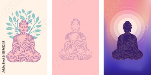 Buddha Purnima, Vesak Day concept design with Buddha and lotus illustration, abstract background, banner, poster and flyer with color gradient