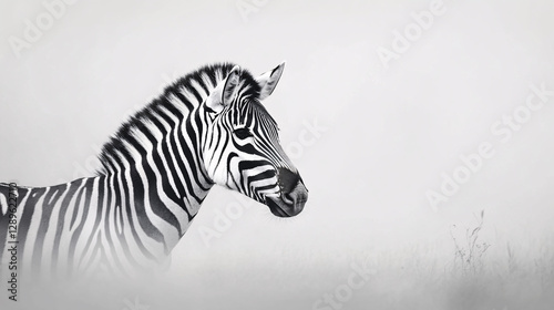 A zebra stands in a misty landscape its black and white stripes blending softly into the hazy background creating a calm and serene atmosphere

