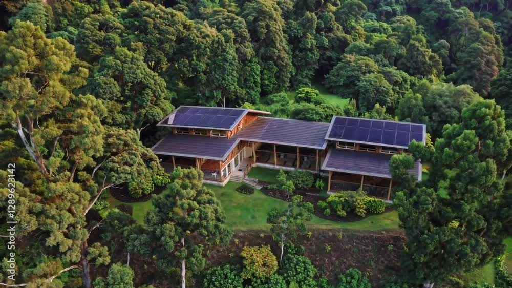 An aerial view of an eco-friendly house nestled in a lush forest, featuring solar panels on the roof and surrounded by greenery, showcasing sustainable living in nature An aerial view of an eco-friendly house nestled in a lush forest, featuring solar panels on the roof and surrounded by greenery, showcasing sustainable living in nature