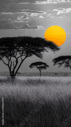 A vast savanna with tall acacia trees under a dramatic sky the golden sun glows against the black and white landscape creating a striking contrast

