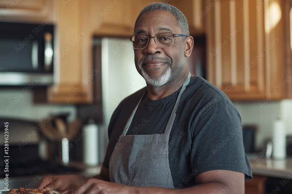 Obraz premium Man with apron smiling in kitchen, wearing glasses, cooking with wood and enjoying meal