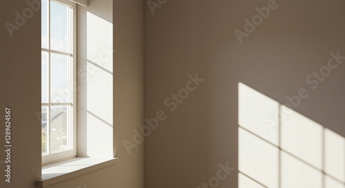 Bright and airy window casting soft shadows in a minimalist space, conveying tranquility and openness, inviting natural light into a modern environment photo