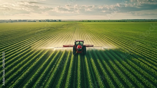 A red tractor spraying the crops on a large green field