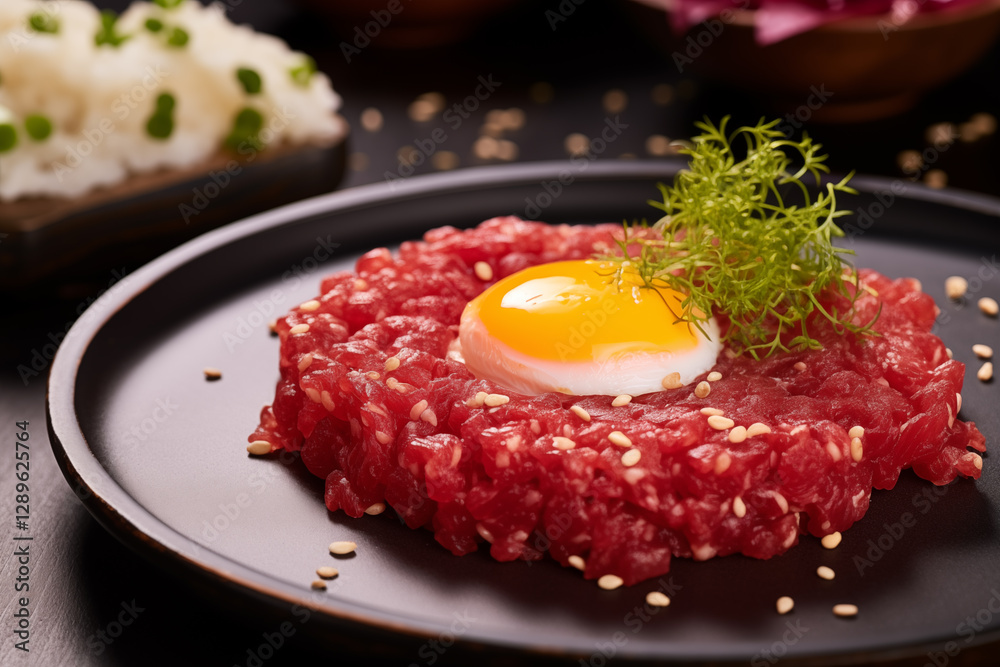 Tartare with salmon, egg, and gourmet garnish on plate sprinkled with sesame, fresh and delicious taste Tartare with salmon, egg, and gourmet garnish on plate sprinkled with sesame, fresh and delicious taste