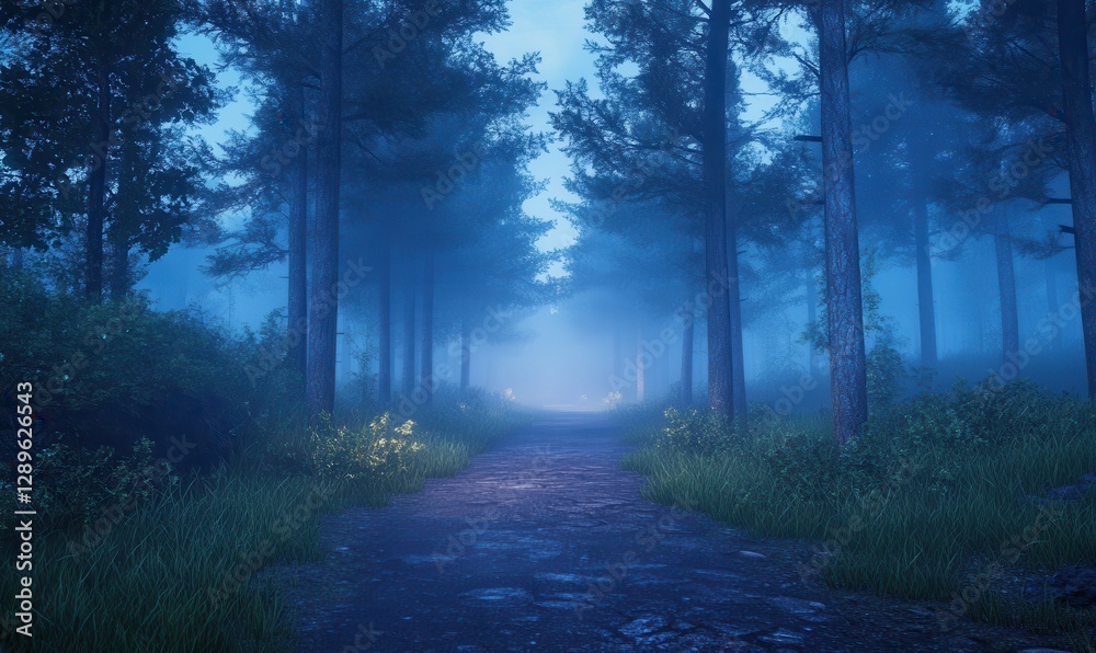 Obraz premium Moonlit forest path lined with tall trees and illuminated by soft blue light, thick mist creating an eerie yet serene atmosphere,