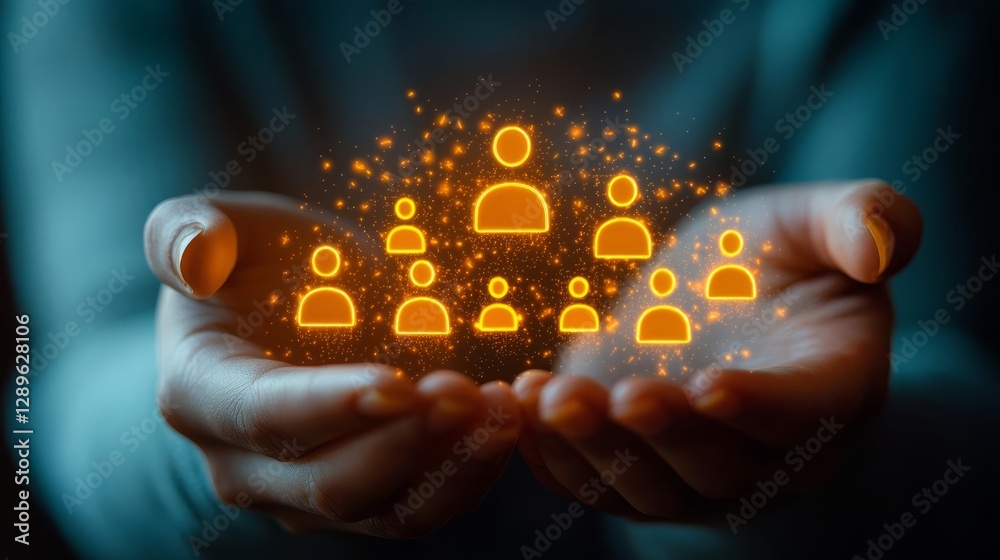 Business Get to know customers Hands holding glowing people icons symbolizing unity. Business Get to know customers Hands holding glowing people icons symbolizing unity.