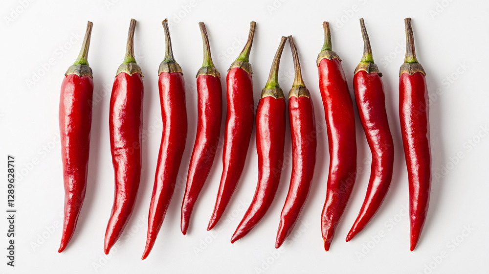 A neatly arranged row of bright red chili peppers placed on a clean white background creating a spicy and bold visual
A neatly arranged row of bright red chili peppers placed on a clean white background creating a spicy and bold visual