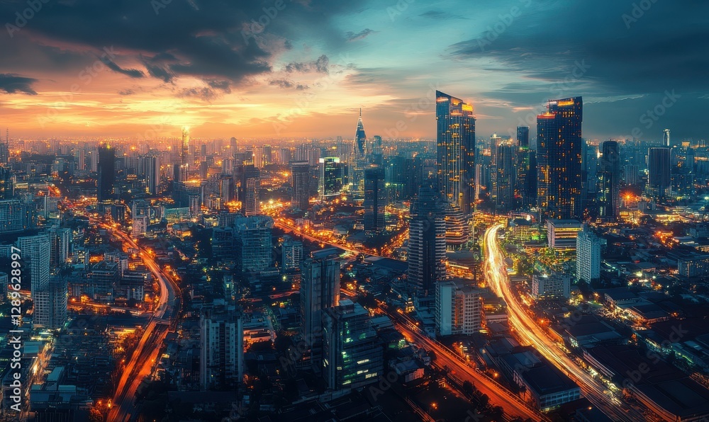 Fototapeta premium Dynamic industrial landscape glowing under soft evening light, highlighting modern architecture and advanced infrastructure