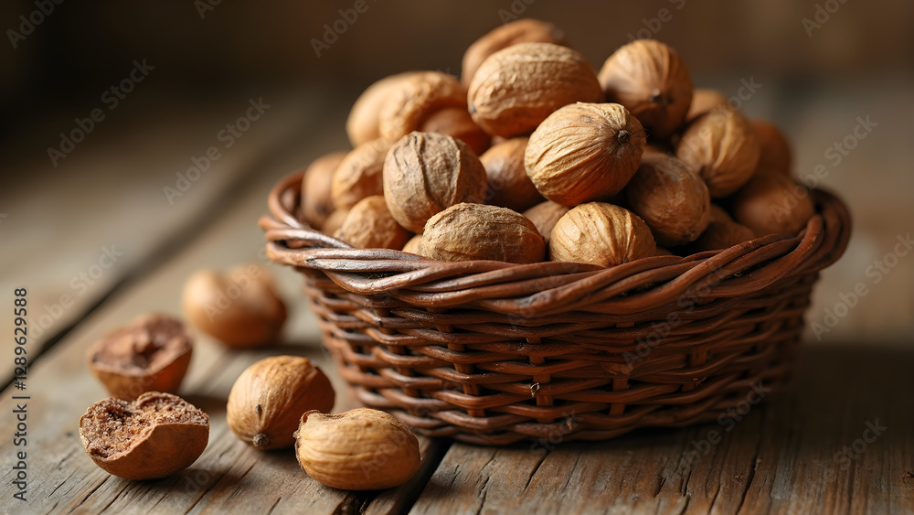 Unshelled nuts in a basket. Rustic decor with nuts. Ultra-realistic nut display ideas. Woven basket for unshelled nuts. Unshelled nuts in a basket. Rustic decor with nuts. Ultra-realistic nut display ideas. Woven basket for unshelled nuts.