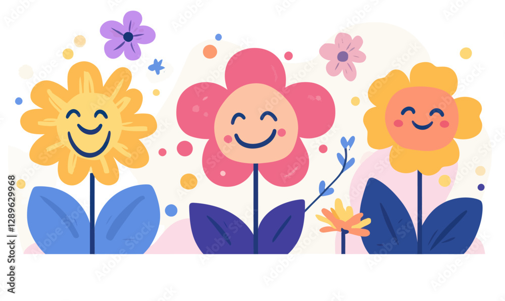Cute Smiling Flowers Vector Illustration in Flat Minimalist SVG Style for Cheerful Designs Cute Smiling Flowers Vector Illustration in Flat Minimalist SVG Style for Cheerful Designs