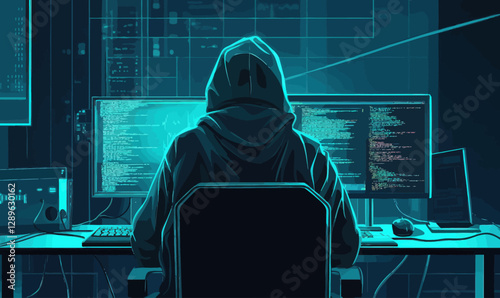 Hacker at Computer Cybersecurity Threat Concept - Minimalist Flat Vector Illustration