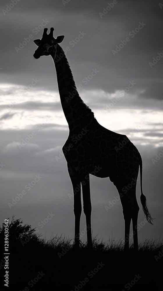 A tall giraffe stands in silhouette against a cloudy sky, creating a dramatic black and white wildlife composition
A tall giraffe stands in silhouette against a cloudy sky, creating a dramatic black and white wildlife composition