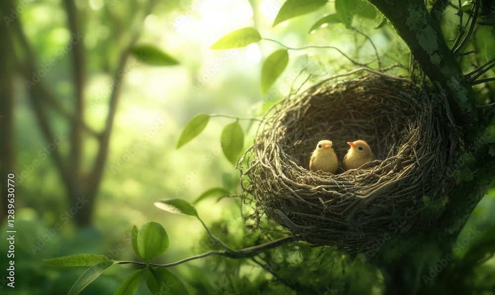 Nest of small birds nestled in tree branches, softly lit against a lush green background, creating a heartwarming and peaceful nature scene Nest of small birds nestled in tree branches, softly lit against a lush green background, creating a heartwarming and peaceful nature scene
