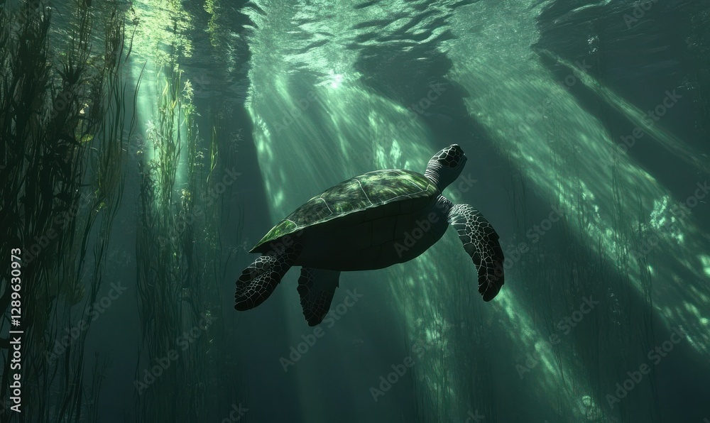 Obraz premium Dynamic underwater view of a sea turtle illuminated by soft sunlight filtering through the water, showcasing the beauty of marine life