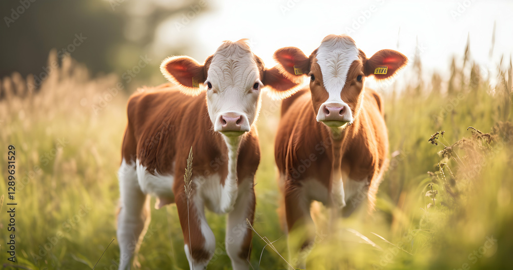 Cows grazing in a sunlit meadow during golden hour, capturing the serene beauty of farm life in an idyllic rural setting Cows grazing in a sunlit meadow during golden hour, capturing the serene beauty of farm life in an idyllic rural setting
