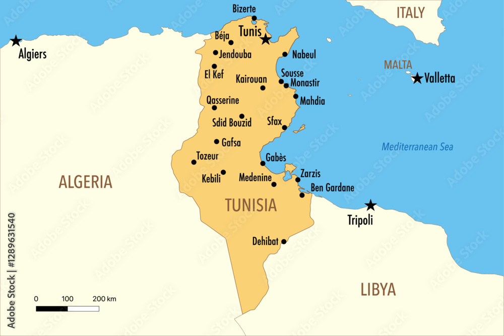 Obraz premium Vector Map of Tunisia with Major Cities and Neighboring Countries – Editable Infographic