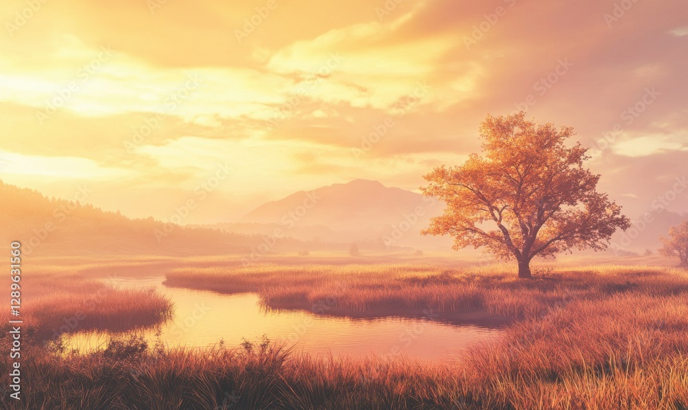 Obraz premium Peaceful dreamy landscape of soft pastel-colored clouds in a golden sunset sky creating a serene and vibrant natural setting .