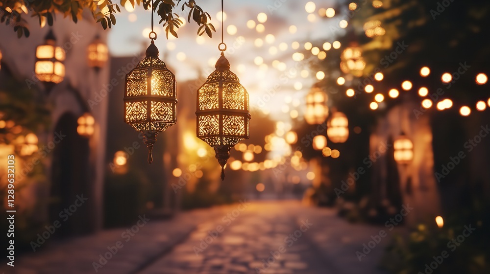 Obraz premium Enchanting Ramadan evening: Ornate lanterns illuminate a magical street scene under a warm, twilight sky with soft bokeh lights.