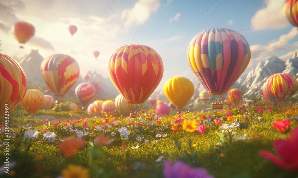 Obraz premium Vibrant field with colorful hot air balloons ready to take flight, bright sunlight illuminating the vibrant patterns and creating an adventurous atmosphere,