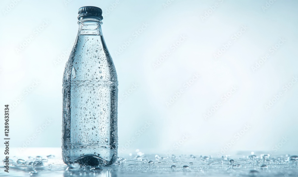 Frosted glass bottle of mineral water placed on a smooth white surface, condensation droplets and soft light creating a refreshing design Frosted glass bottle of mineral water placed on a smooth white surface, condensation droplets and soft light creating a refreshing design