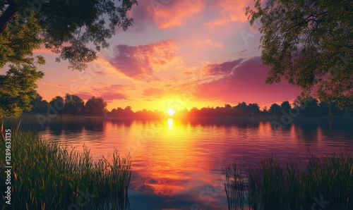Scenic sunset view over a peaceful lake, vibrant colors reflecting on the calm water creating a serene mood.