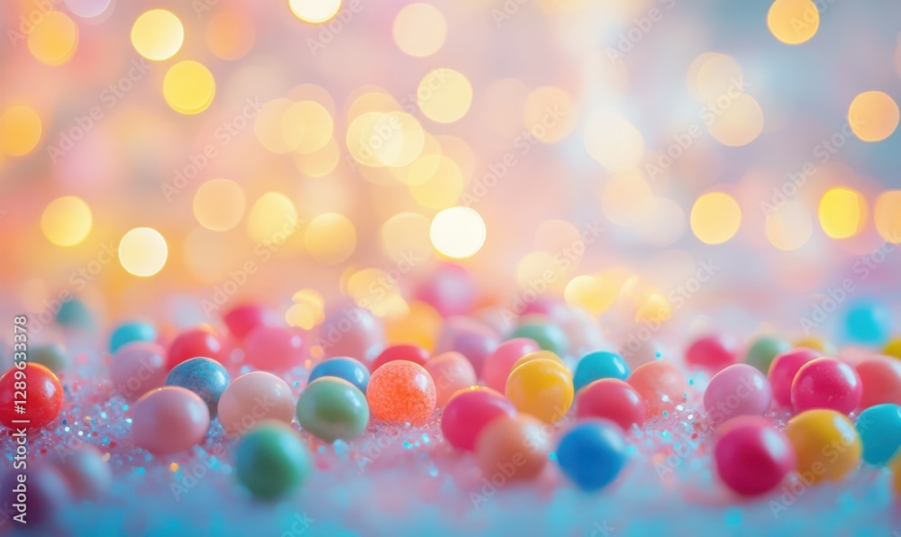 Playful display of colorful candies scattered on a pastel background illuminated by soft glowing light, evoking nostalgia and sweetness Playful display of colorful candies scattered on a pastel background illuminated by soft glowing light, evoking nostalgia and sweetness