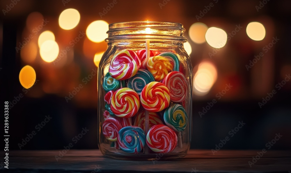 Playful display of colorful lollipops arranged in a glass jar illuminated by glowing light, evoking sweetness and childhood nostalgia