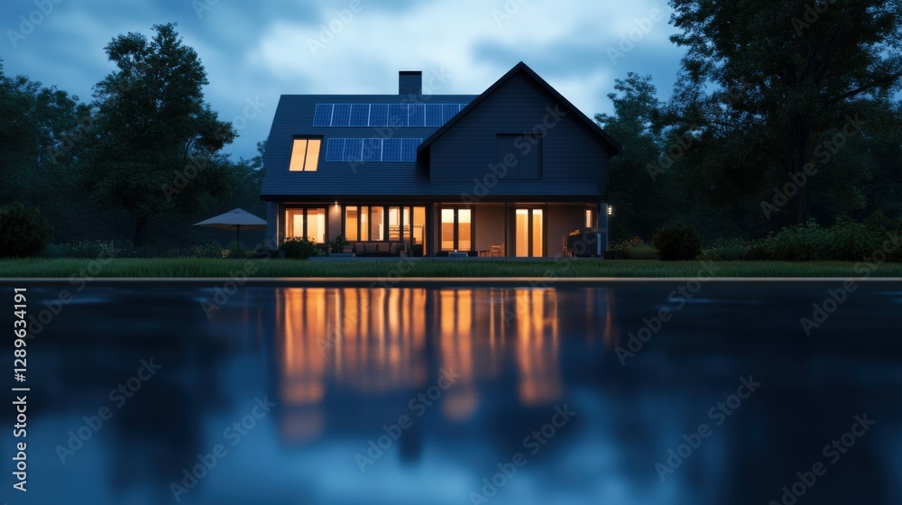 Obraz premium house at dusk reflecting in water