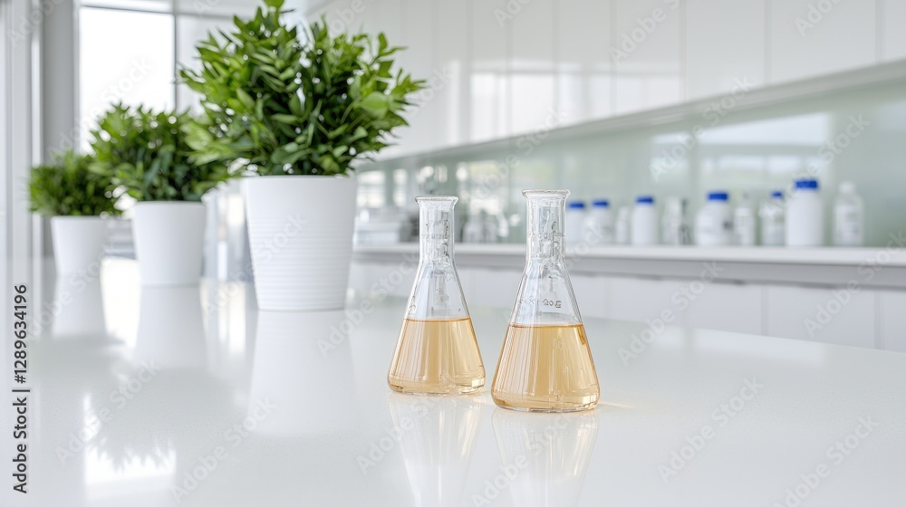 Laboratory scene with flasks on a white table, plants in the background. Possible use Scientific research or education Laboratory scene with flasks on a white table, plants in the background. Possible use Scientific research or education