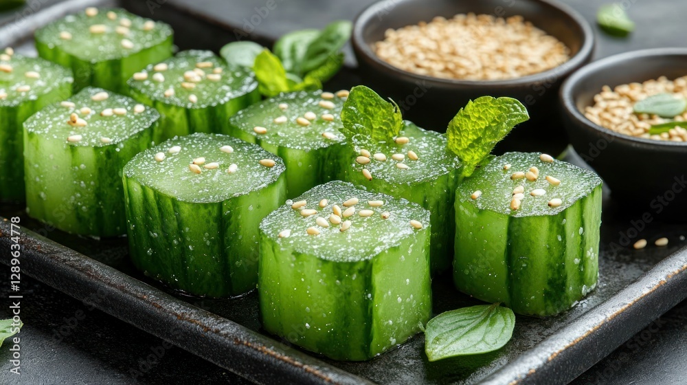 Sesame-sprinkled cucumber appetizer on dark tray Sesame-sprinkled cucumber appetizer on dark tray