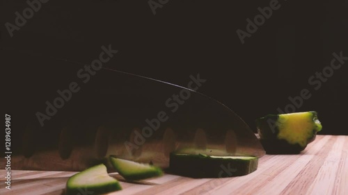 Cutting long green courgettes in slow motion with a knife on a wooden board. Chopped courgette. Chef slice zucchini with a closeview. Slow motion cooking video. Fresh italian salad with courgette. 