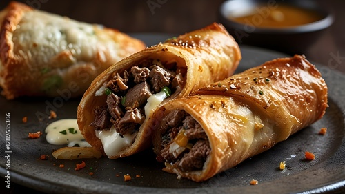 Philly cheesesteak egg rolls served with dipping sauce