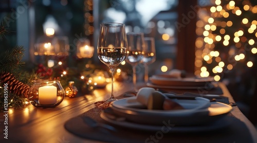 Festive dinner table with glowing AR meal details and decoration ideas, cozy indoor holiday setting, soft warm lighting, photorealistic