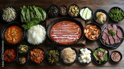 Korean barbeque spread featuring numerous side dishes and cooked meat photo