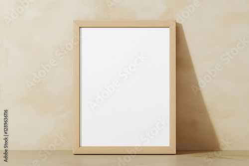 Wooden mock up poster frame by the wall