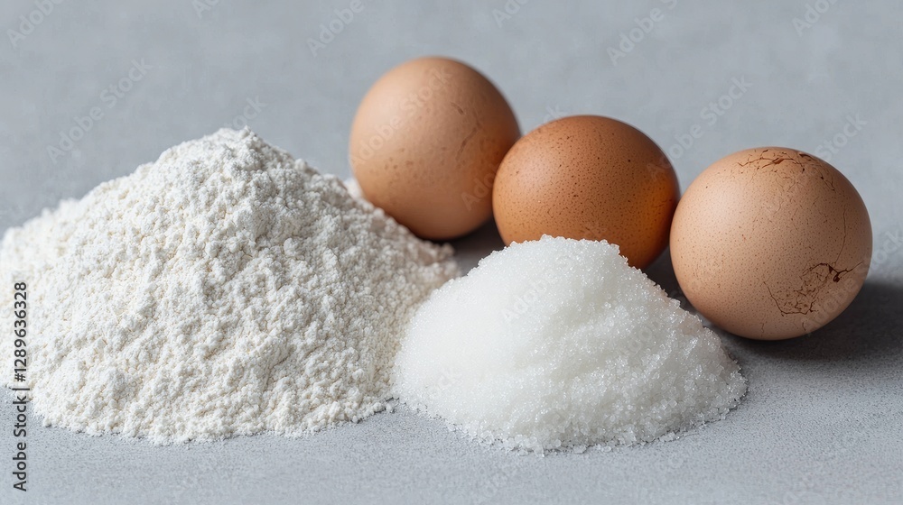 Flour, sugar, eggs baking ingredients on table