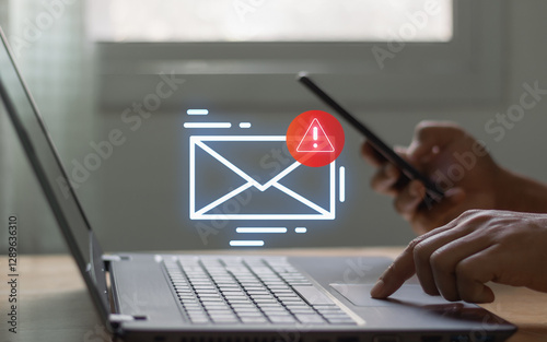 Fraud, sms spam, fake text message phishing from scammer concept. System hacked red warning alert, email hack, scam malware spreading virus on message alert virtual on smartphone screen in person hand